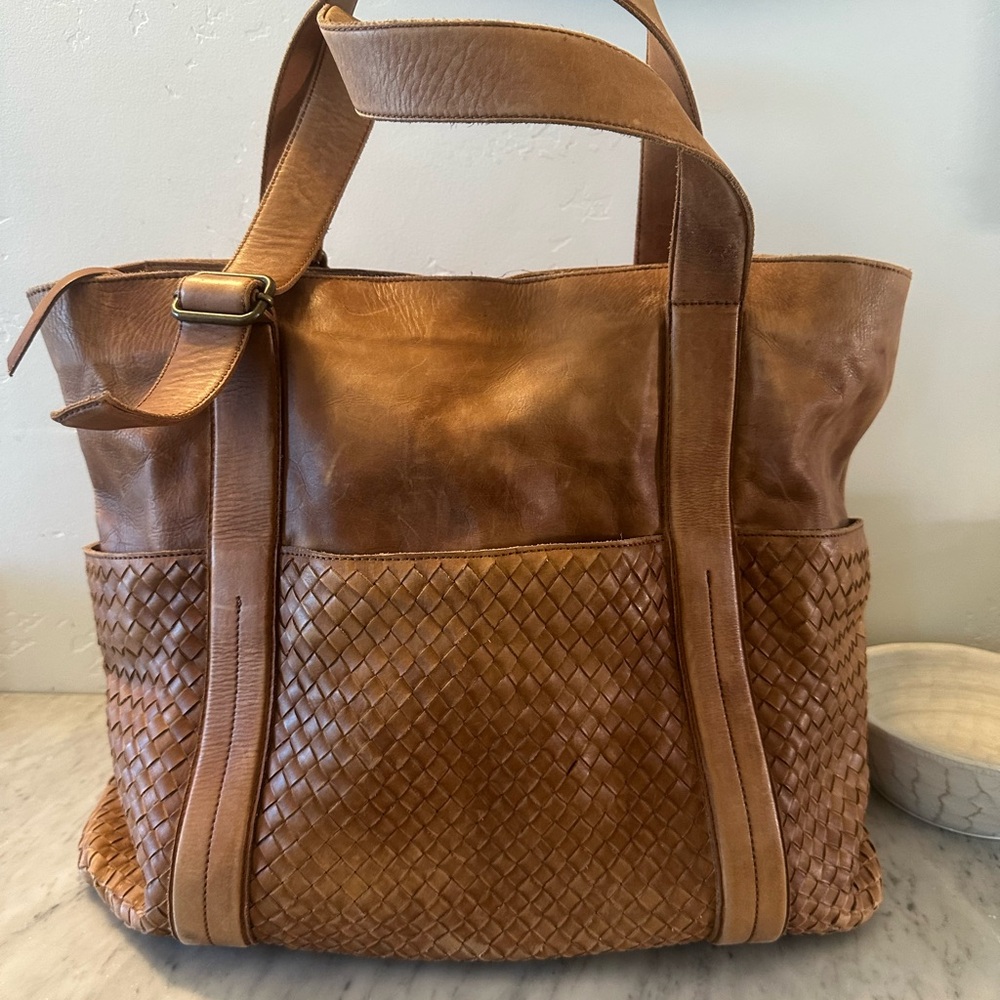 Valentina Tan Leather Tote with Woven Texture